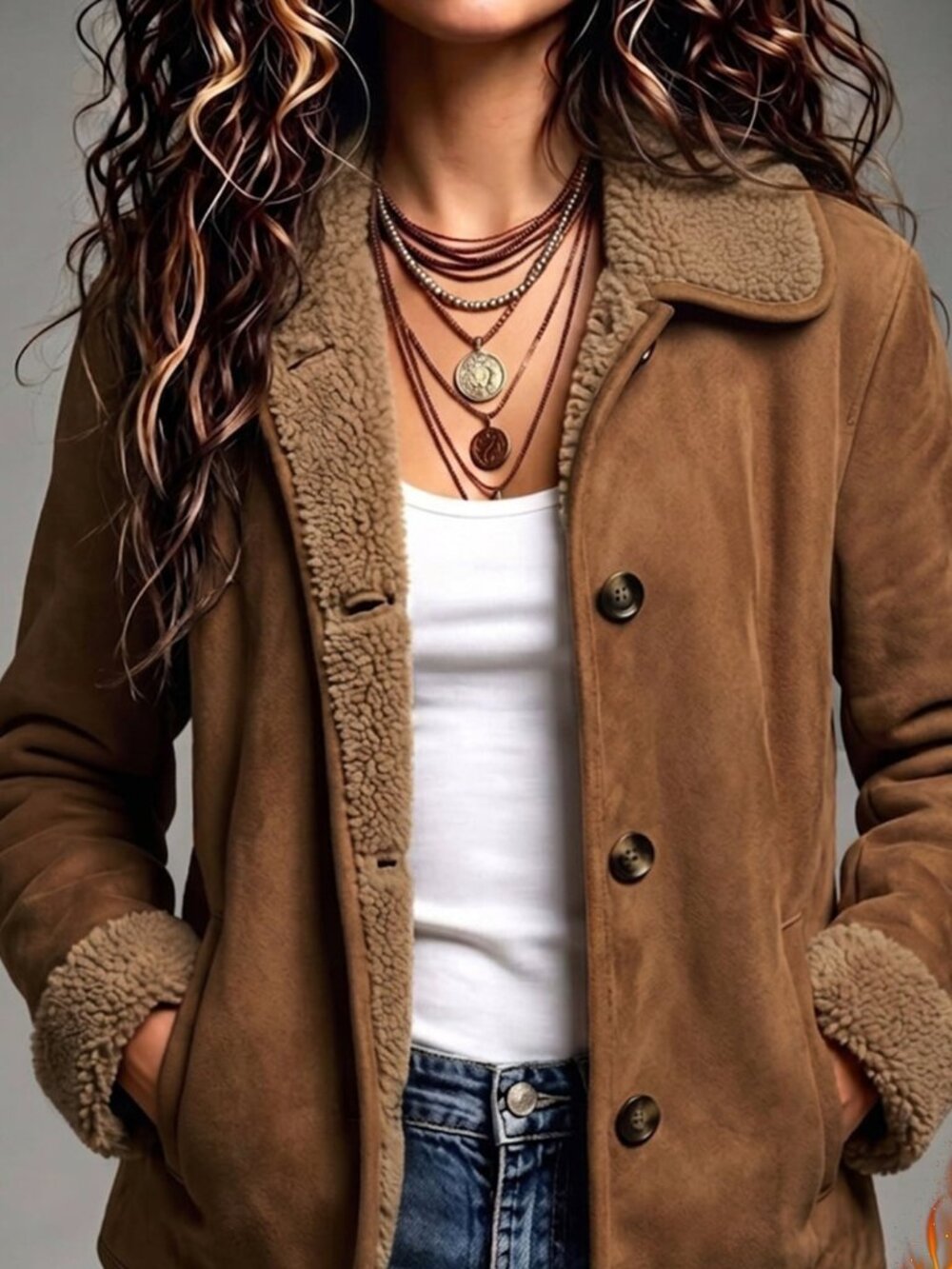 Brown Casual Women's Loose Drop Shoulder Button Front Short Jacket